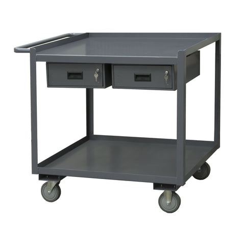 Stock Cart 2 Shelves 30 x 36 14 Gauge 1200 lbs. Capacity 2 Drawers  5 x 1-1/4 Polyurethane Casters - (2) Rigid (2) Swivel with Side Brakes Gray