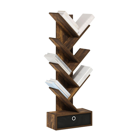 Furinno Tree Bookshelf 7-Tier Floor Standing Tree Bookcase with Bin Drawer Amber Pine/Black