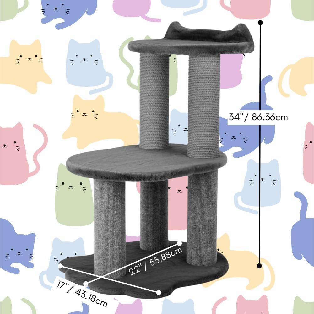 34 Inch Classic Comfort for Indoor Modern Premium Cats and Kittens Scratching Tower Larger Base for Better Stability, (Furs: Grey, Rope: Grey)