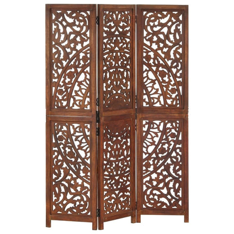 vidaXL Solid Mango Wood Hand Carved 3-Panel Room Divider Wooden Room Dividers Privacy Screen Panel Screens Room Partition Paravent Dressing Brown