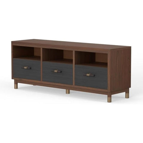 Oakestry Belham TV Console Dark Walnut Black Solid Wood Media Cabinet 3 Drawer Storage Modern Industrial Design Entertainment Center Cable Management Durable Low Profile Sleek Living Room Stand