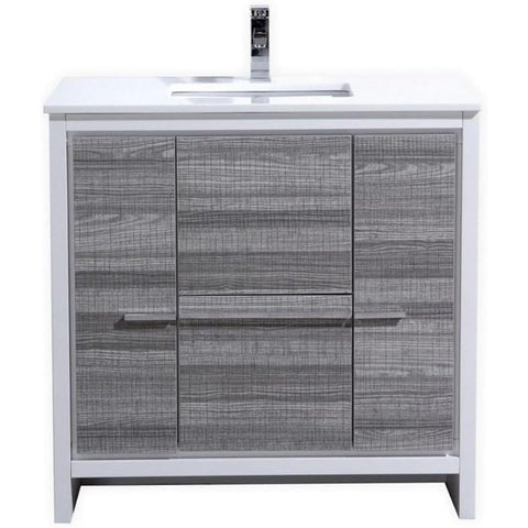 Oakestry Dolce 36 Inch Ash Gray Freestanding Modern Bathroom Vanity with White Quartz Countertop Undermount Ceramic Sink and Soft Close Drawer