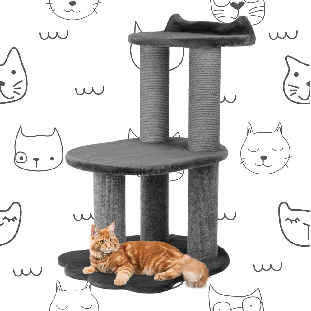 34 Inch Classic Comfort for Indoor Modern Premium Cats and Kittens Scratching Tower Larger Base for Better Stability, (Furs: Grey, Rope: Grey)