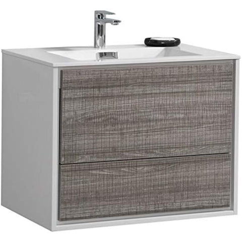 Oakestry Delusso 30-Inch Ash Gray Wall Mount Modern Bathroom Vanity with Integrated Acrylic Sink and Soft Close Drawer