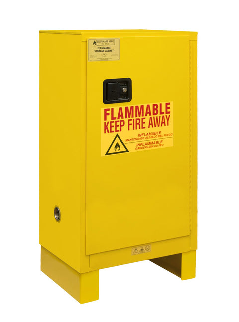 Durham 1016ML-50 Welded 16 Gauge Steel Flammable Safety Manual Door Cabinet with Legs, 1 Shelf, 16 gal Capacity, 18" L x 23" W x 50" H, Yellow Powder Coat Finish