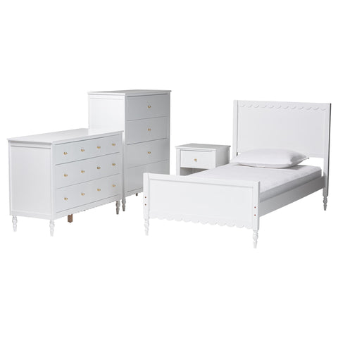Baxton Studio Roni White Wood 4-Piece Twin Bedroom Set with Scalloped Edges