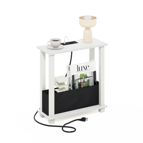 Furinno Turn-S-Tube 2-Tier Slim Side Table End Table with Bin Drawer USB and Type-C Charging Port White/White/Black