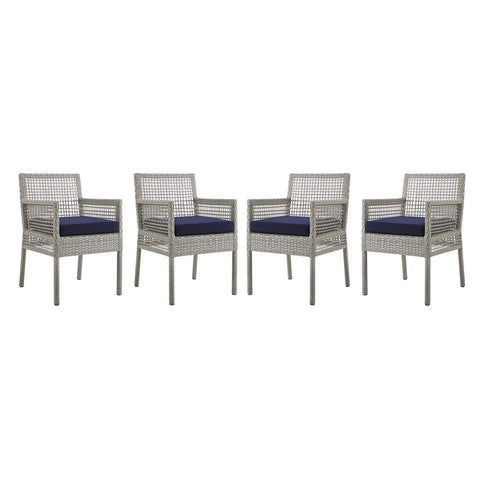 Modway Aura Outdoor Patio Wicker Rattan Set of 4 Dining Armchair in Gray Navy