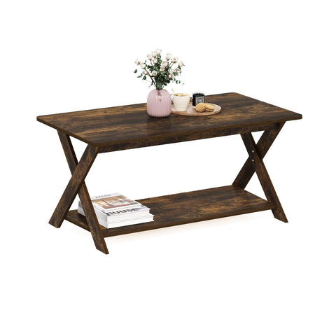 Furinno Modern Simplistic Coffee Table, 2-Tier Rectangle Modern Coffee Table with Open Shelf and X-Legs, Criss-Crossed Side Table, for Living Room, Bedroom, Home Office, Amber Pine
