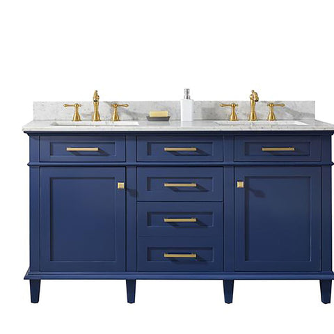 Legion Furniture Indoor Bathroom Home Decorative 60" Blue Finish Double Sink Vanity Cabinet with Carrara White Top