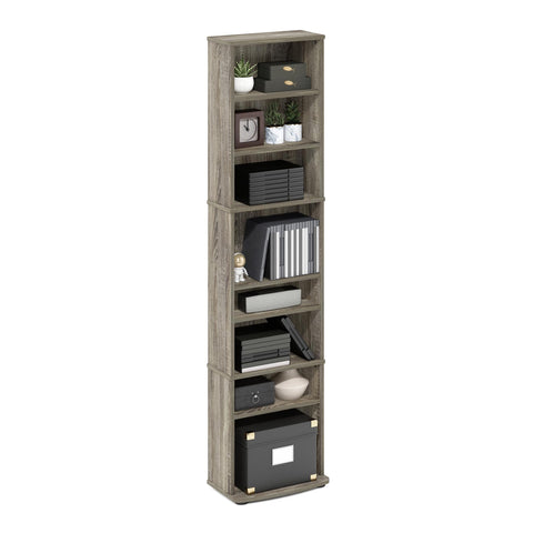 Furinno Jaya DVD Shelf, 8-Tier Tall Narrow CD Rack, Media Shelf with Adjustable Shelves, DVD Storage Cabinets for CD Blueray Game Disc, Easy Assembly, for Living Room, Home Office, French Oak