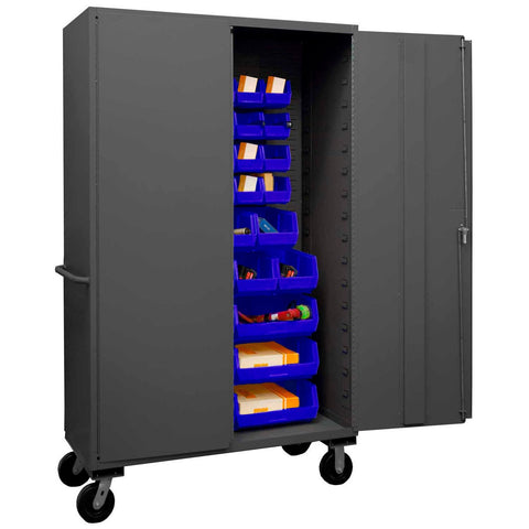 Durham 3502M-BLP-42-5295 Lockable Mobile Cabinet with 42 Blue Hook-On Bins, Flush Door Style, 48" Wide, 14 Gauge, Gray