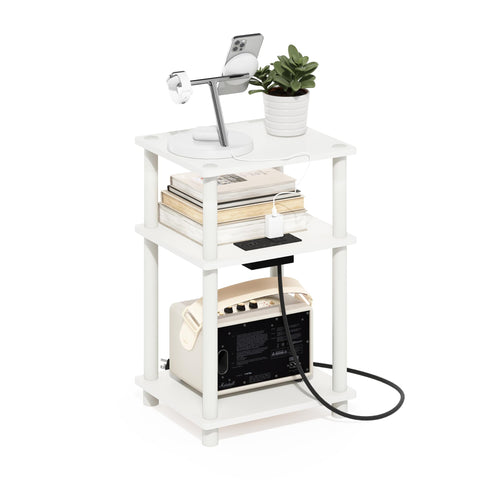 Furinno JUST Side Table, 3-Tier Modern End Table with Charging Station, Easy Assembly Night Stand, Bedside Table with USB and Type-C Charging Port, for Living Room, Bedroom, White