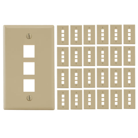 ICC 3-Port Keystone Wall Plate (25 Pack), UL Listed, Durable ABS Plastic, Single Gang Wall Plate for RJ45 Modular Jack and Inserts, Ivory