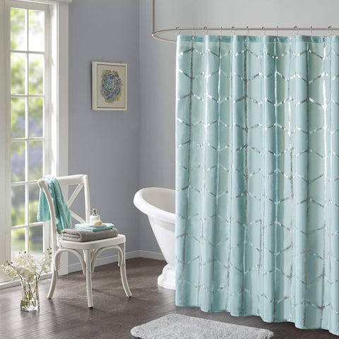 Oakestry Raina Shower Modern Light-Filtering Curtain Geometric Metallic Silver Print Style Bathroom Design Machine Washable Shower Curtain, Aqua, 72 in X 72 in