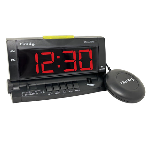 Clarity Wake Assure+ Desktop Alarm Clock with Vibrating Bed Shaker for Heavy Sleepers, Deaf, Hard of Hearing | Adjustable Volume from Silent to Extra Loud | Digital Bedroom Clock with Large Display