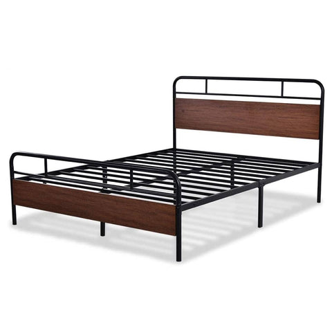 Fast Furnishings Queen Size Industrial Metal Wood Platform Bed Frame with Headboard and Footboard