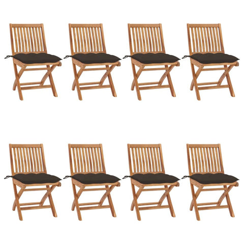 vidaXL 8X Teak Wood Folding Patio Chairs with Cushions - Weather Resistant Garden/Outdoor Furniture, Taupe Seats