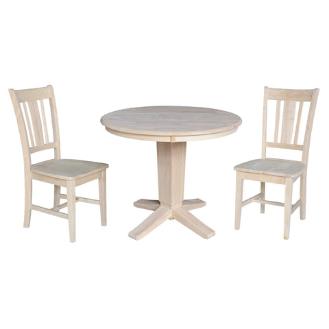 IC INTERNATIONAL CONCEPTS 36" Solid Wood Round Top Pedestal Dining Table with 2 Dining Chairs - Unfinished