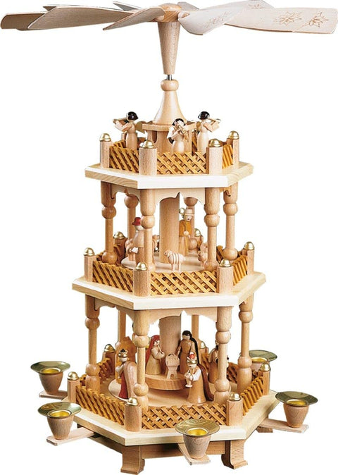 Alexander Taron Importer 16721 Richard Glaesser Pyramid Natural Wood Nativity Scene with Wise Men On The Second Tier; an Gel Chorus On Tier 3; Unusual Hexagon