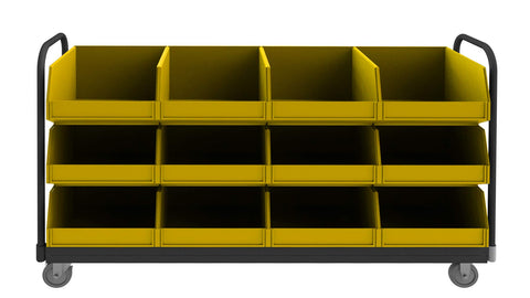 Tub Rack With 5 Inch X 1-1/2 Inch Polyurethane Casters (2) Rigid And (2) Swivel (12) Yellow Bins And Tubular Push Handle