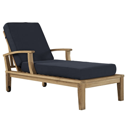 Modway Marina Premium Grade A Teak Wood Outdoor Patio Chaise Lounge Chair in Natural Navy