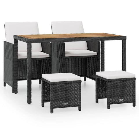vidaXL 5-Piece Stylish Patio Dining Set - Made of Durable Poly Rattan and Acacia Wood in Black - Includes Table, Chairs, Stools and Cushions - Weather-Resistant Outdoor Furniture