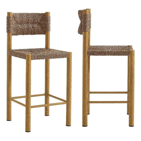 Modway Parkland Outdoor Wicker Counter Stools Set of 2 in Natural — Counter Height Rattan Patio Stools with Backrest — All-Weather Outdoor Accent Stools for Backyard, Porch, or Balcony