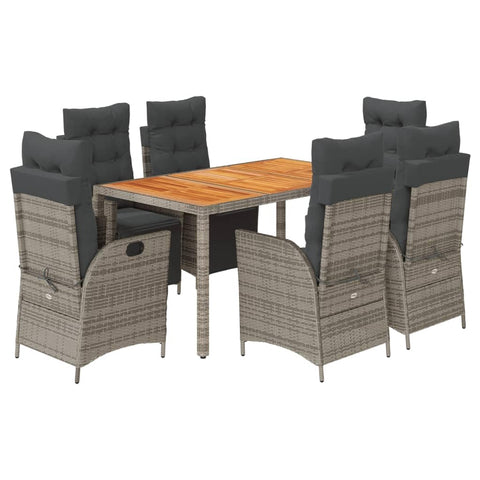 vidaXL 7 Piece Patio Dining Set with Cushions - Gray Poly Rattan, Adjustable Chairs, Weather-, Acacia Wood Tabletop, Outdoor Garden Patio Furniture