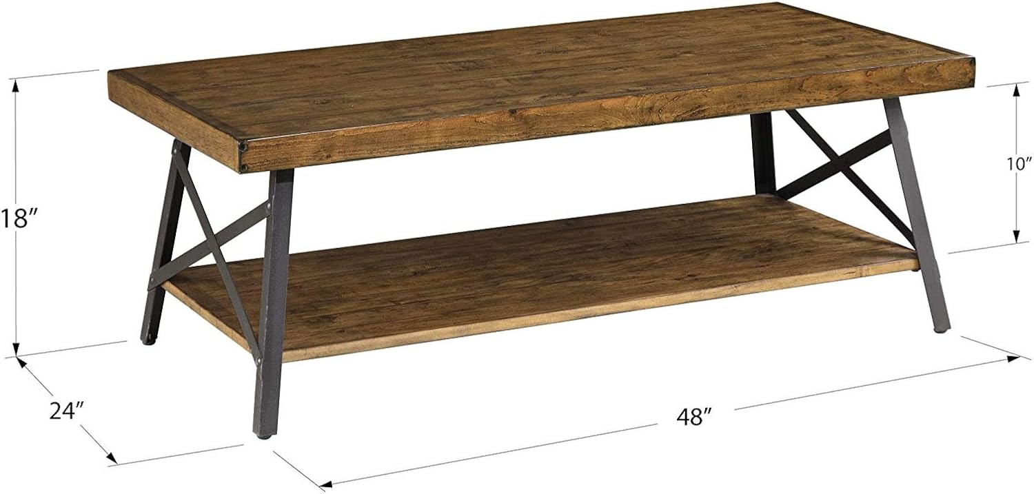 Chandler Rustic Industrial Solid Wood and Steel Coffee Table with Open Shelf, Pine Brown,48"