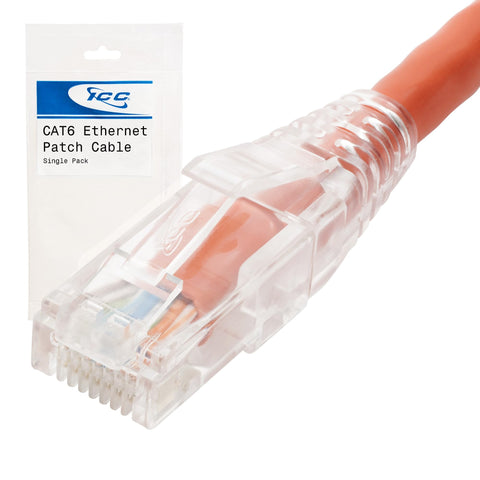 ICC CAT6 Ethernet Patch Cord with Clear Boot Strain Relief, RJ45, Stranded, 550 MHz, UTP, Pure Bare Copper Wire, 24 AWG, LAN Network Patch Cable, Orange, 7 FT, Single