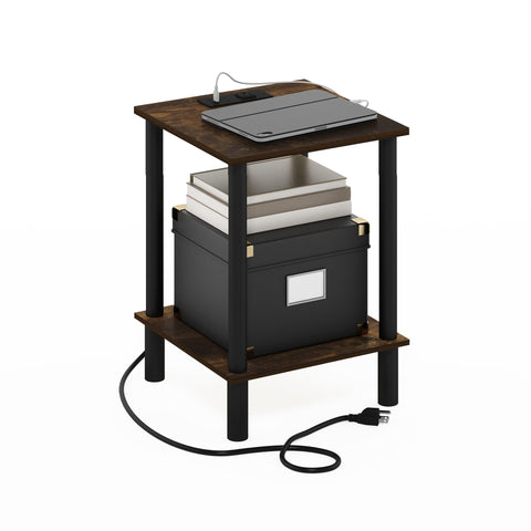 Furinno Turn-N-Tube Side Table, 2-Tier Square End Table with Charging Station, Night Stand, Bedside Table with USB and Type-C Charging Port, for Living Room, Bedroom, Amber Pine