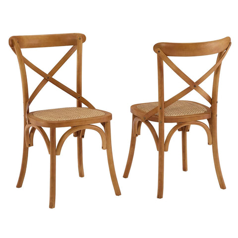 Modway Gear Rustic Modern Farmhouse Elm Wood Rattan Two Dining Chairs in Walnut