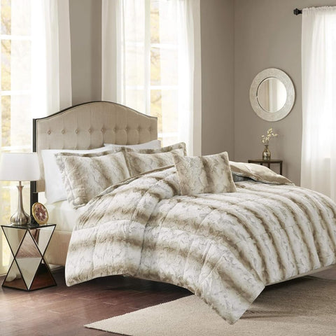 Oakestry 4-pc Zuri Oversized Soft Plush Comforter Set Reverse Faux Fur Mink Animal Stripes Design All Season Bedding Set with Matching Sham, King, Sand