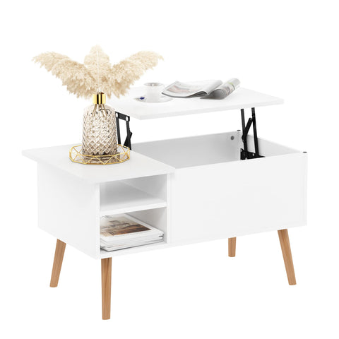 Furinno Jensen Wooden Leg Lift Top Coffee Table With Hidden Compartment and Side Open Storage Shelf for Living Room Solid White