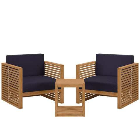 Modway Carlsbad 3-Piece Teak Wood Outdoor Patio Set in Natural/Navy