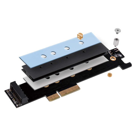M.2 NVMe SSD to PCIe X4 adapter card with patent design heatsink and thermal pad support 2242 2260 2280 22110mm built-in LED indicator fits in 1U chassis support PCIe CLKREQ