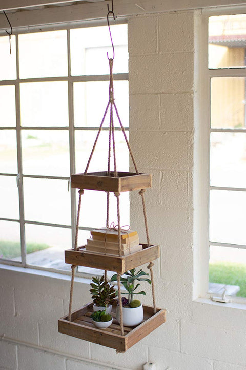 Kalalou CCHA1009 Hanging Three Tiered Recycled Display with Jute Rope 14.00 inches