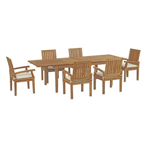 Modway EEI-3279-NAT-WHI-SET Marina Premium Grade A Teak Wood 7-Piece Outdoor Patio Dining Furniture Set, Six Armchair/One Table, Natural White