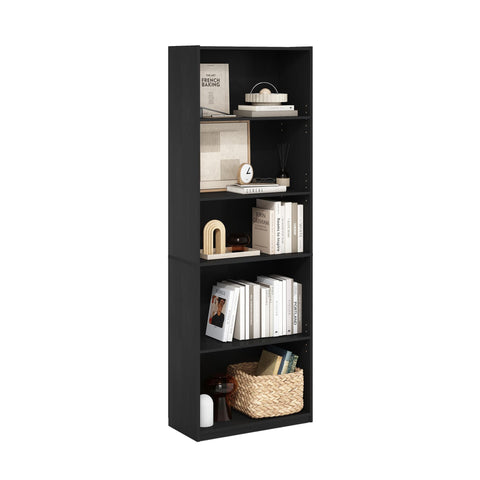 Furinno GEHRY Book Shelf, 5-Tier Bookshelf with Open Shelf, Standing Bookcase with Adjustable Shelves, 11.6 x 24.8 x 71.4, for Living Room, Bedroom, Home Office, Blackwood