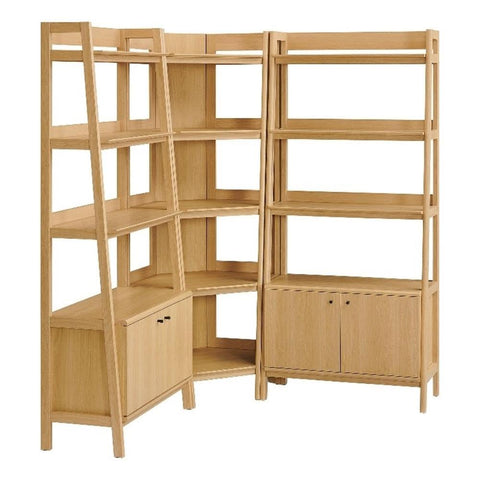 Modway Bixby 3-Piece Corner Bookshelf Set with Wide Bookshelves in Oak – 12-Tier Wood Bookcases with Open Shelves and Base Cabinets for Living Room, Bedroom, Or Home Office