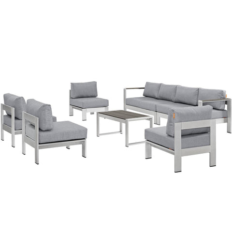 Modway Shore 7-Piece Aluminum Outdoor Patio Sectional Sofa Set in Silver Gray