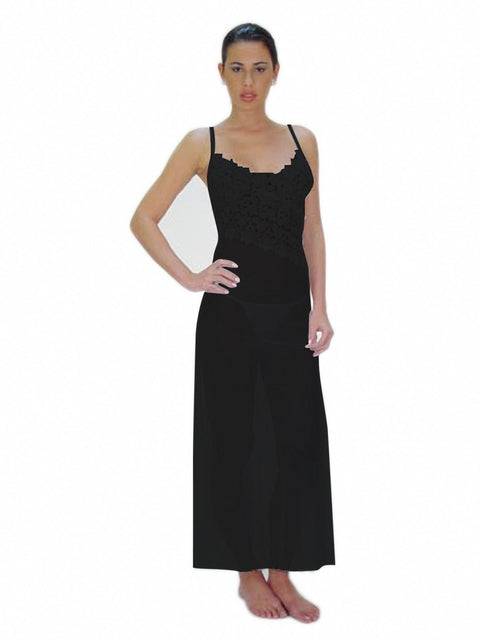 Sheer Fabric Gown with Angle-Cut Lace Bodice and Matching Thong - Black - Medium