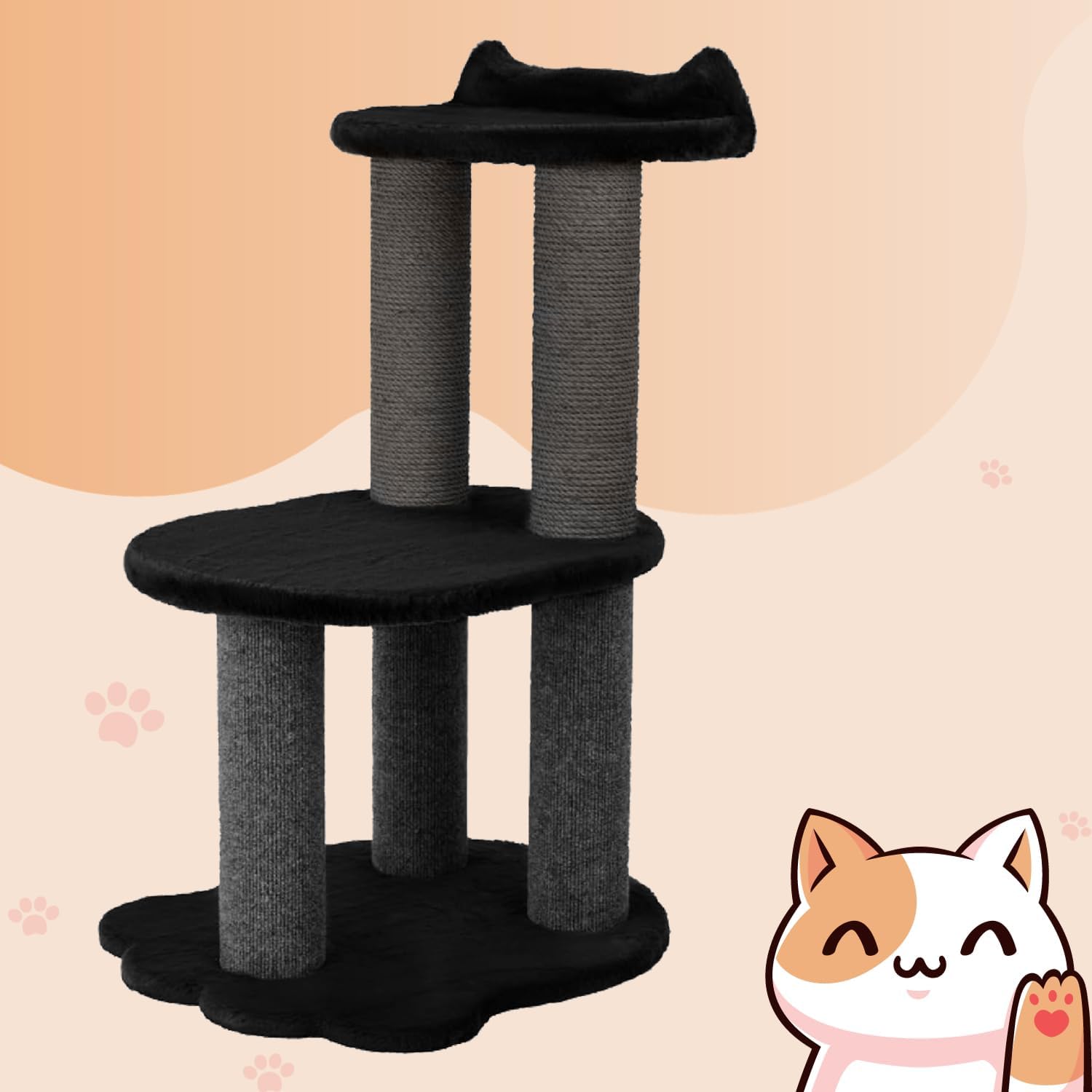 34 Inch Classic Comfort for Indoor Modern Premium Cats and Kittens Scratching Tower Larger Base for Better Stability, (Furs: Black, Rope: Charcoal)