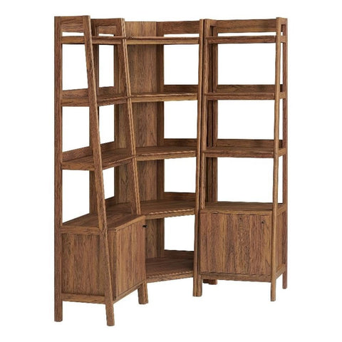 Modway Bixby 3-Piece Corner Bookshelf Set with Narrow Bookshelves in Walnut – 12-Tier Wood Bookcases with Open Shelves for Living Room, Bedroom, Or Home Office