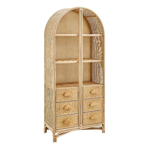 Modway Tall Arched 71 Inch Wood and Natural Rattan Bookcase with Storage in Natural – Tall Bookshelf Cabinet with 6 Drawers and 3 Open Shelves, for Living Room or Bathroom