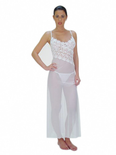 Sheer Fabric Gown with Angle-Cut Lace Bodice and Matching Thong - White - Large