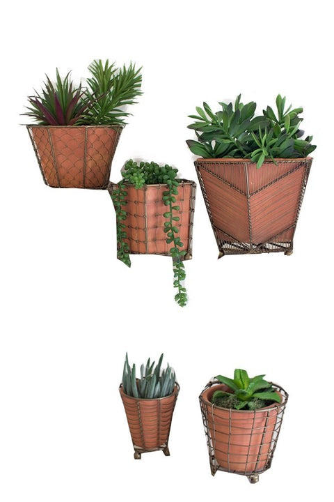 Kalalou Set of Brass Detailed Wire Wrapped Terracotta Planters, One Size, Orange