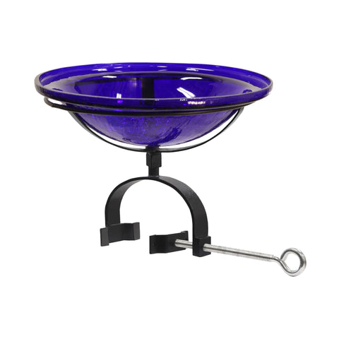 Oakestry Cobalt Crackle Birdbath Railing Mounted Garden Outdoor Glass Water Bowl Bracket