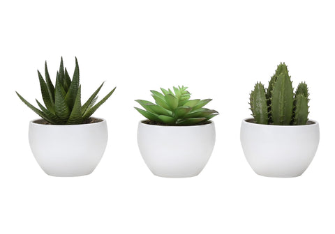 Monarch Specialties I 9555 Artificial Plant, 6" Tall, Succulent, Set of 3, Green Plants, White Pots